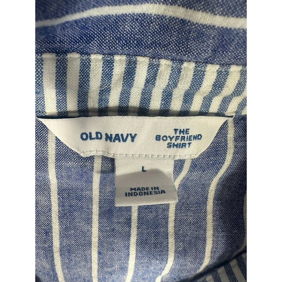 Old Navy Boyfriend Shirt Womens Large Blue White‎ Striped Linen Blend Beach - Picture 3 of 9